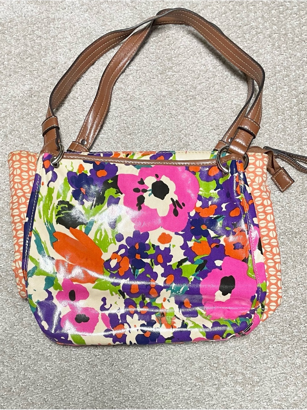 Colorful Floral Shoulder Bag with Tan Handles